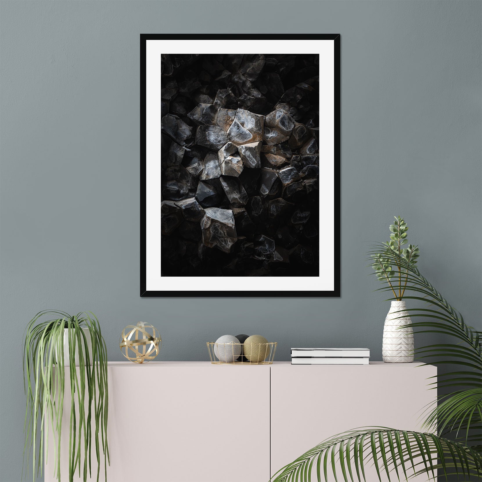 A framed print of a detail from a basalt cave