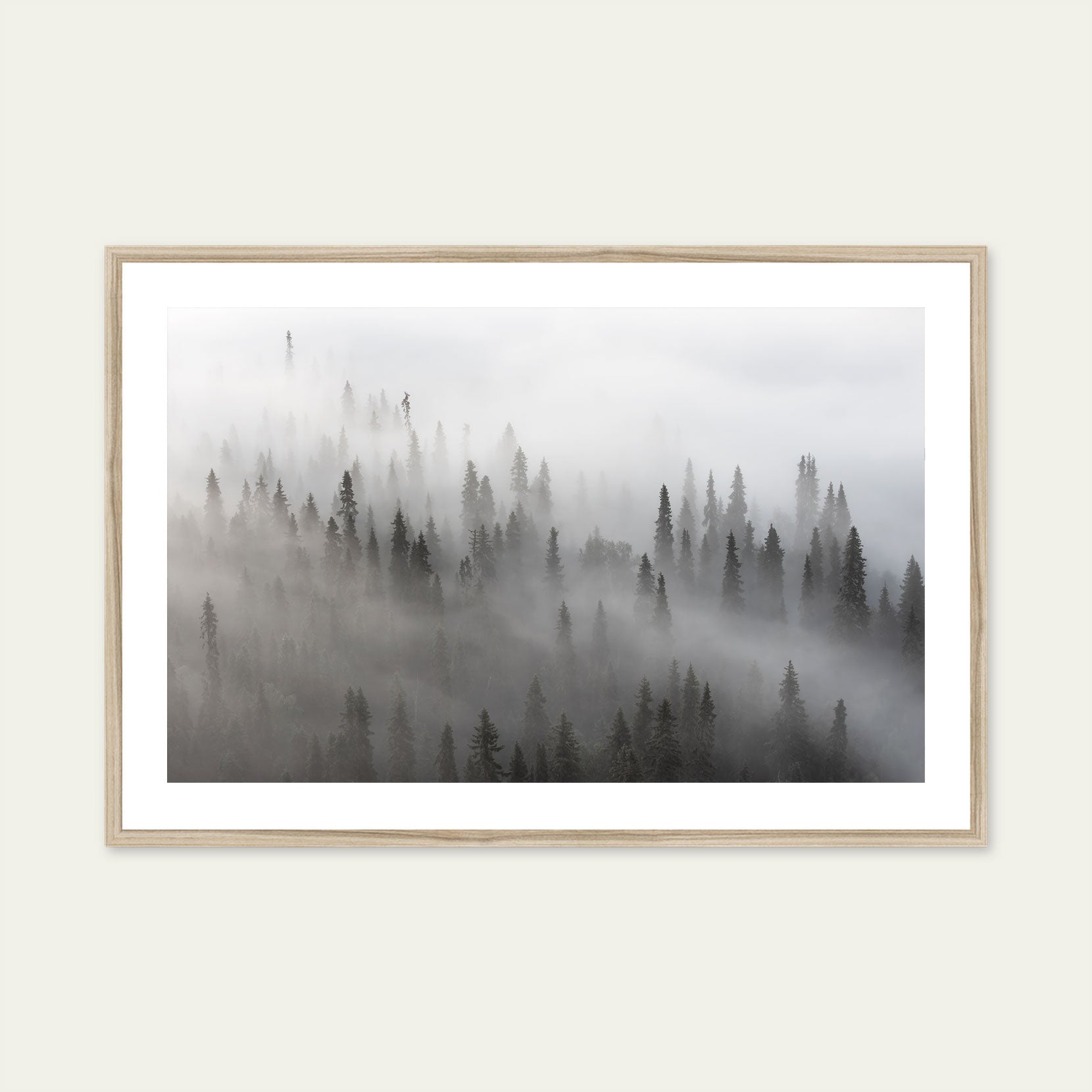 A wood framed print of a forest with lingering fog