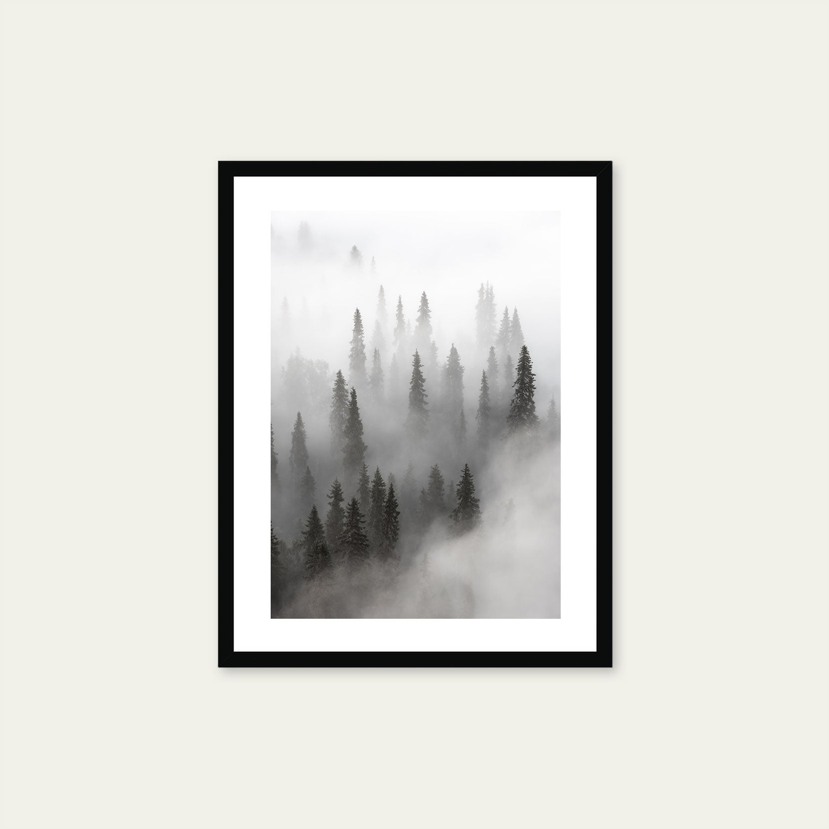 A black framed print of a forest with lingering fog